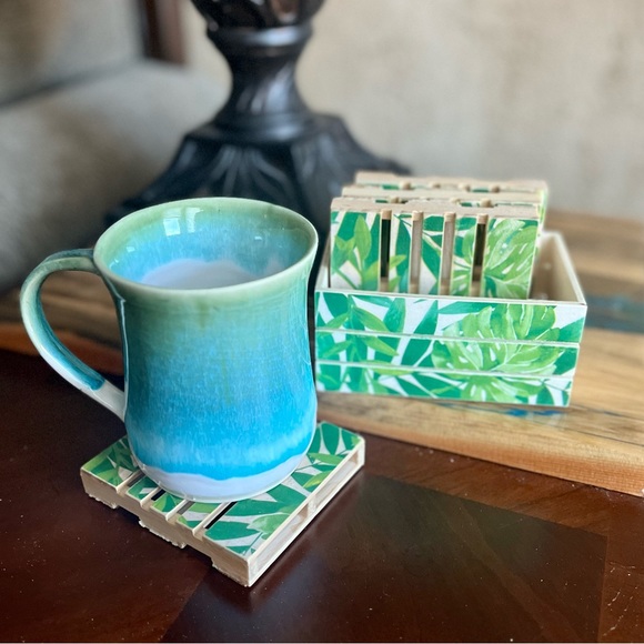 Mini Pallet & Crate Coaster Set tropical leaves fronds. 4 Coasters w/crate - Picture 2 of 6